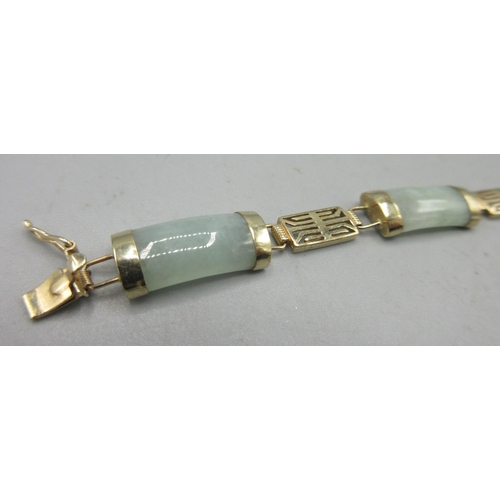 163 - 9ct yellow gold mounted jade bracelet, stamped 9k 375, L16.5cm, 7.5g