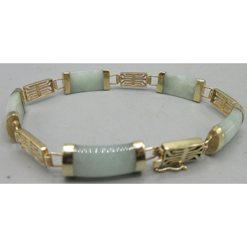 163 - 9ct yellow gold mounted jade bracelet, stamped 9k 375, L16.5cm, 7.5g