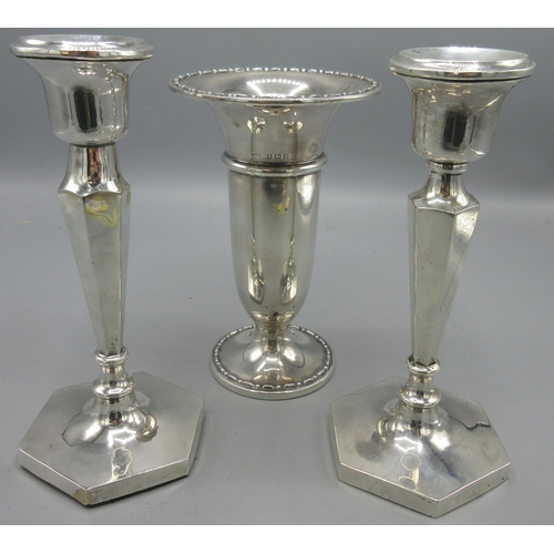 204 - Pair of Art Deco style hexagonal candlesticks with tapered stems, weighted bases, hallmarks rubbed (... 