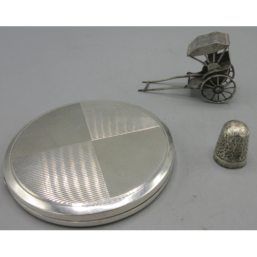 207 - Miniature Chinese silver rickshaw, stamped WH90, silver powder compact with engine turned pattern, s... 