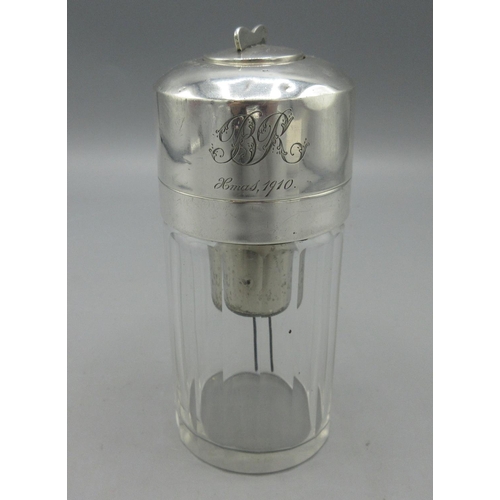 444 - Edwardian silver mounted glass perfume atomiser, mount monogrammed and engraved 'B.R.Xmas, 1910.' po... 