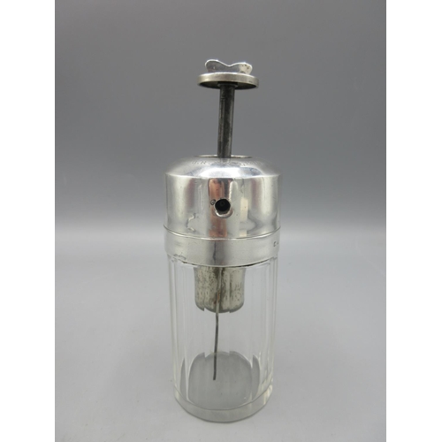 444 - Edwardian silver mounted glass perfume atomiser, mount monogrammed and engraved 'B.R.Xmas, 1910.' po... 