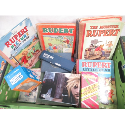 487 - Mixed collection of Children's books, annuals, toys etc. to inc. train track, bobble-heads, Rupert t... 