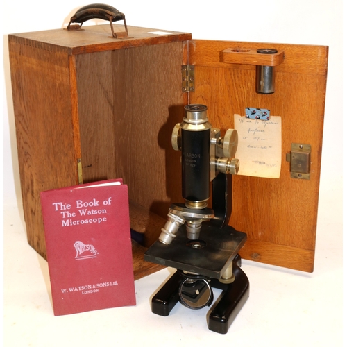 767 - Monocular microscope, by Hearson, London, model no. 829, H29cm with case, and booklet 'The Book of t... 