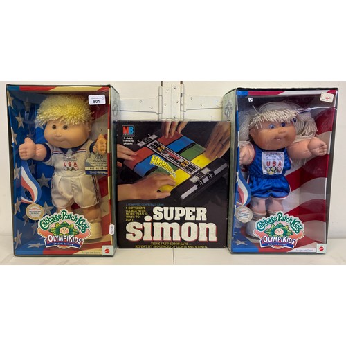 801 - MB Electronics Super Simon vintage computer game and two Cabbage Patch Kids Olympikids 1996 Olympics... 