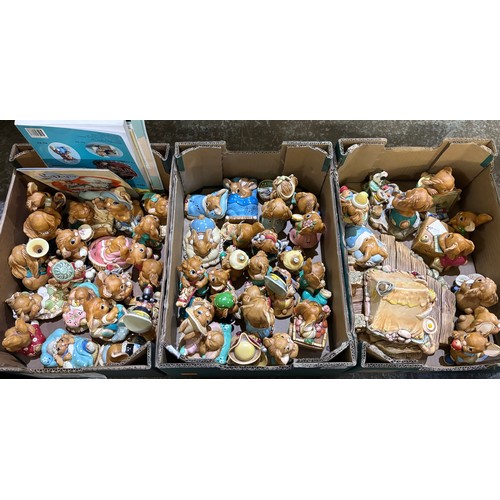 803 - Collection of Pendelfin rabbit figures, approx. 50, display stand, and related ephemera (3 boxes)