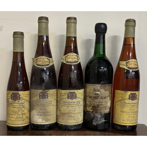 807 - Dows 1966 vintage port, and four bottles of 1970s Niederthaler Hof German white wine, labels A/F (5)