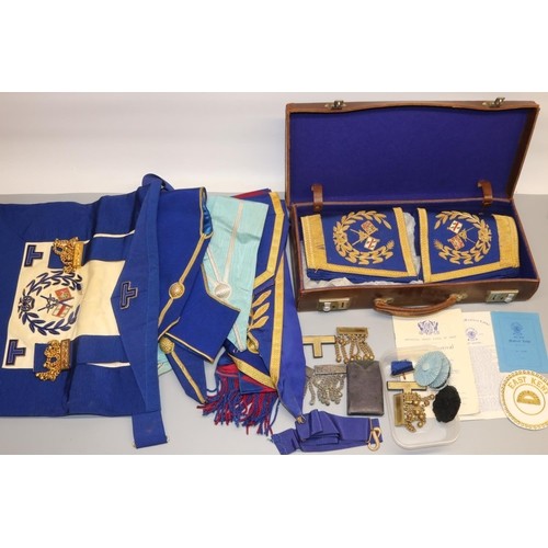 732 - Collection of Masonic Craft and Chapter regalia incl. six aprons, eight collar sashes, pair of cuffs... 