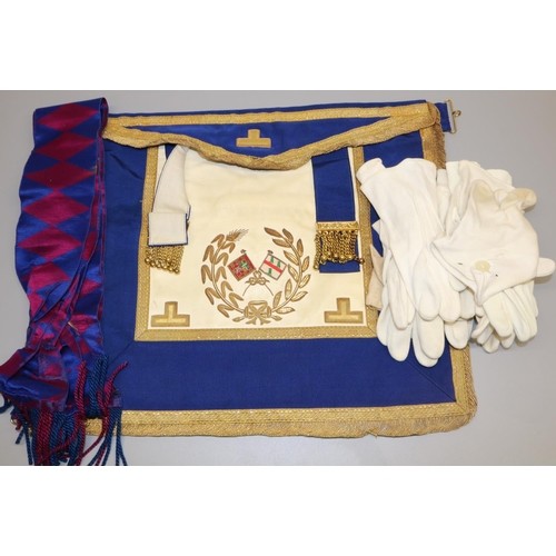 732 - Collection of Masonic Craft and Chapter regalia incl. six aprons, eight collar sashes, pair of cuffs... 