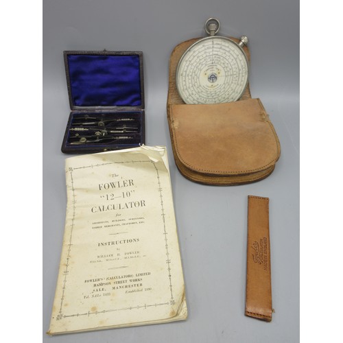 778 - Fowler's Twelve-Ten calculator, D8.5cm, with leather case, and a cased set of technical drawing inst... 