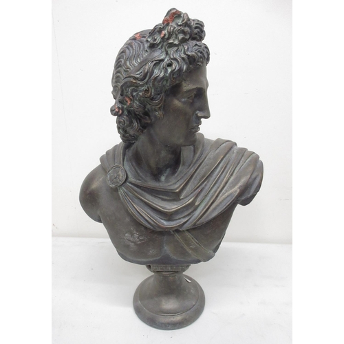 663 - Bronzed terracotta bust in the style of Apollo Belvedere, on fluted column