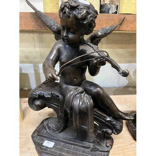 661 - Pair of hollow bronze putto musicians, H51cm max (2)