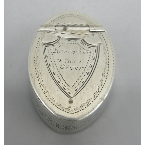 1250 - George III silver oval patch box, hinged cover with shield cartouche inscribed 'Remember the Giver' ... 