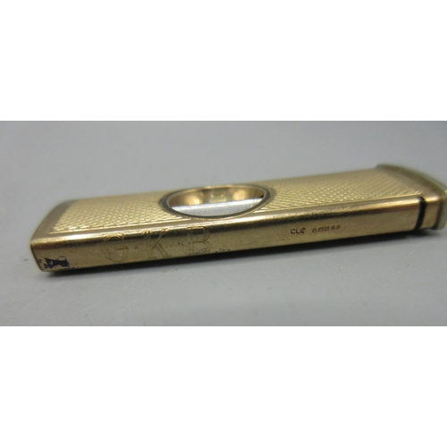 399 - 9ct yellow gold and white metal cigar cutter, stamped 375, engraved GKB, 11.5g