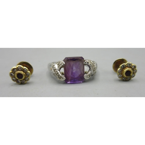 60 - 14ct yellow gold ring set with purple stone, stamped 585, size N, 3.0g, and a pair of 18ct yellow go... 