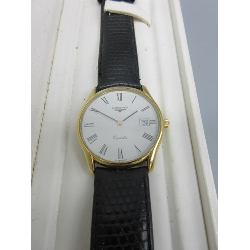 62 - Longines gold plated quartz wristwatch with date on original leather strap and matching buckle, sign... 