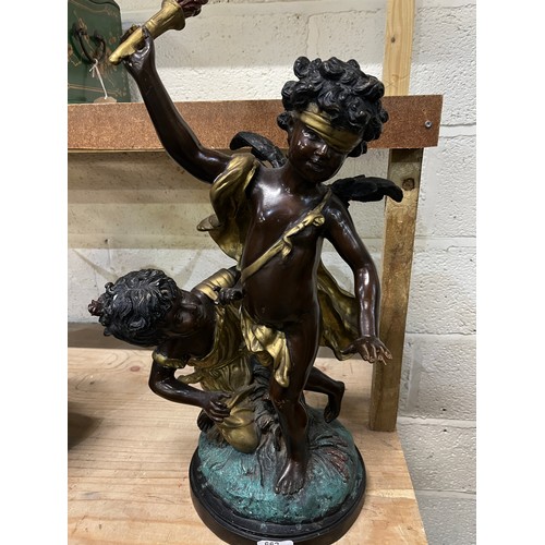 662 - After Auguste Moreau, a hollow bronze sculpture, of a blindfolded cherub and a girl, H59.5cm