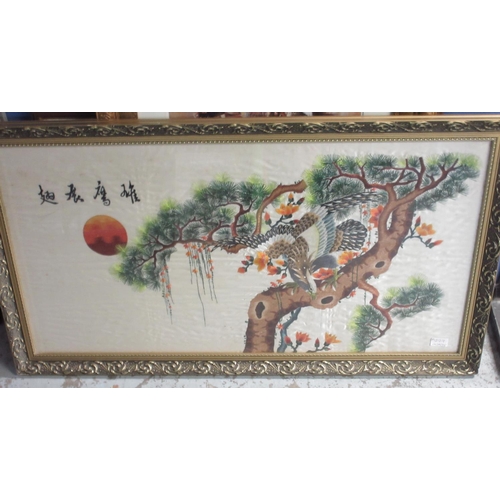 310A - Two Japanese coloured woolwork panels decorated with exotic birds on branches, 100cm x 50cm max (2)