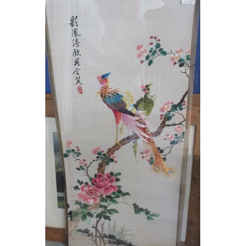 310A - Two Japanese coloured woolwork panels decorated with exotic birds on branches, 100cm x 50cm max (2)