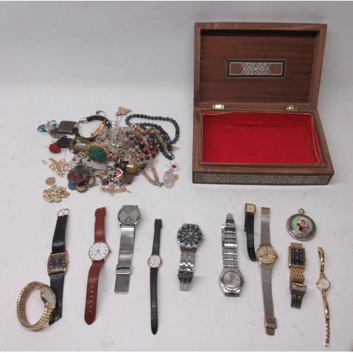 170 - Collection of costume jewellery to include brooches, bracelets, necklaces, silver vesta case and a c... 