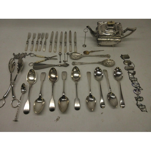 188 - Collection of EPNS items incl. Victorian style rectangular teapot, nine serving spoons, dessert kniv... 