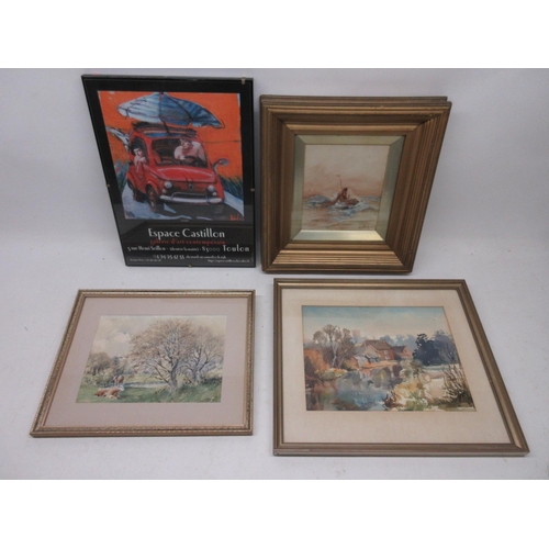 814 - Two framed landscape watercolour paintings, watercolour painting of a sailing boat in gilt frame sig... 