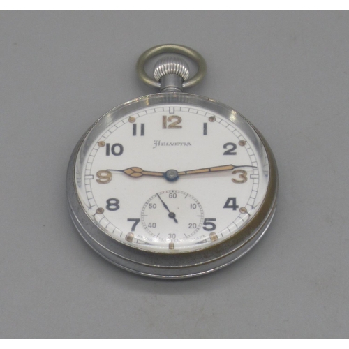 1345 - Helvetia WWII British Military Issue chrome plated keyless pocket watch, signed white enamel Arabic ... 