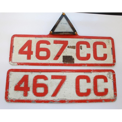 377 - Two trade number plates, two vintage car plates, police sign,  GB sign, Route 66 road sign, Shell Ga... 