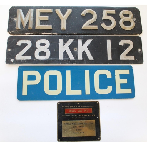 377 - Two trade number plates, two vintage car plates, police sign,  GB sign, Route 66 road sign, Shell Ga... 