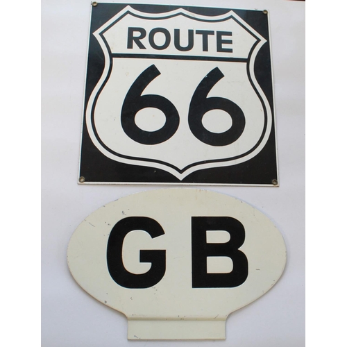 377 - Two trade number plates, two vintage car plates, police sign,  GB sign, Route 66 road sign, Shell Ga... 