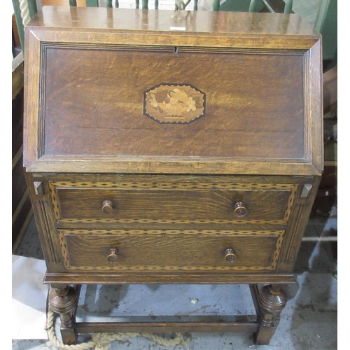 1201 - 20th century oak bureau, inlaid fall front and drawers on turned supports with stretchers, W73cm D43... 