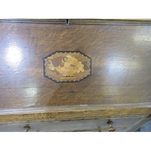 1201 - 20th century oak bureau, inlaid fall front and drawers on turned supports with stretchers, W73cm D43... 