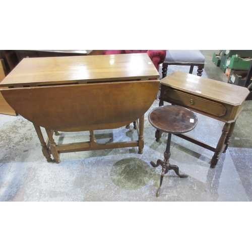 1209 - 20th century oak gateleg dining table, an oak single drawer side table and a tripod wine table (3)