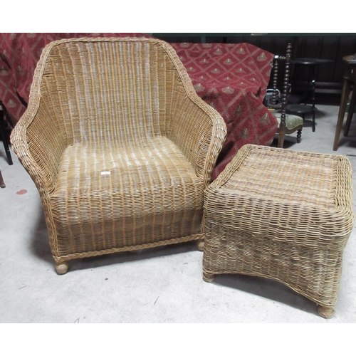 412 - Large curved back wicker conservatory chair and matching rectangular stool (2)