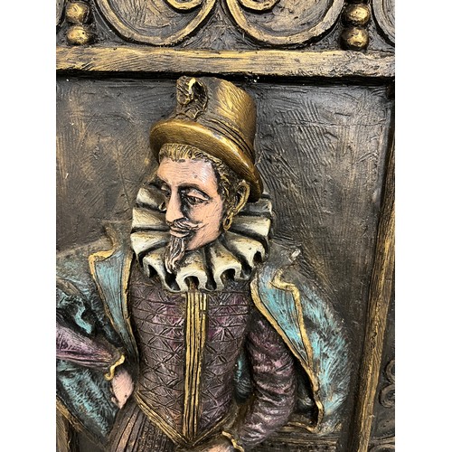 678 - Composite wall hanging of an Elizabethan gentleman, H92cm