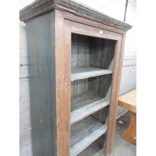 420 - Rustic painted oak open cabinet, with moulded cornice and three shelves on skirted base, W104cm D54c... 