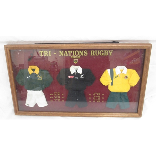 341 - Tri-Nations Rugby 1998 Mini-kit framed montage, 68cm x 38.5cm