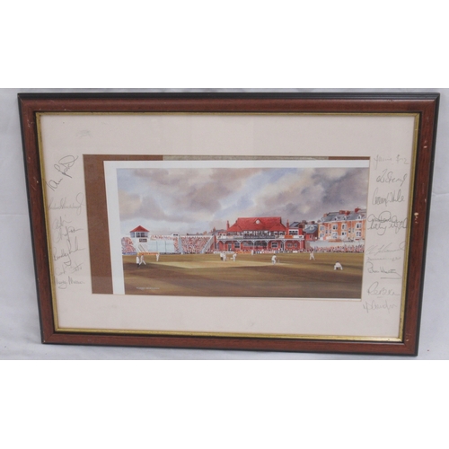 357 - Framed Terry Harrison Scarborough Cricket Club Print surrounded by 17 signatures, 59.5cm x 40cm