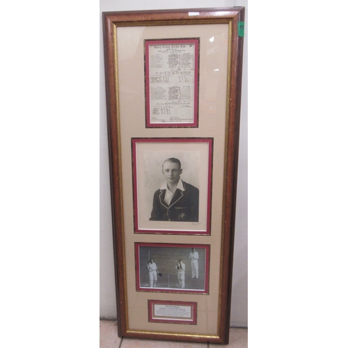 358 - Framed Don Bradman montage to inc. signed photo dated 1930 and a facsimile England Vs Australia matc... 