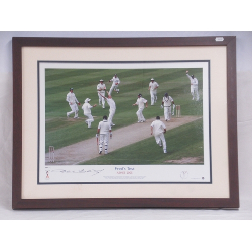 358 - Framed Don Bradman montage to inc. signed photo dated 1930 and a facsimile England Vs Australia matc... 