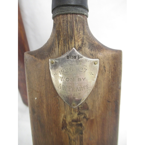 361 - Miniature cricket bat H64cm with silver hallmarked shield to back inscribed '1926-27 Won by A.W.Pear... 