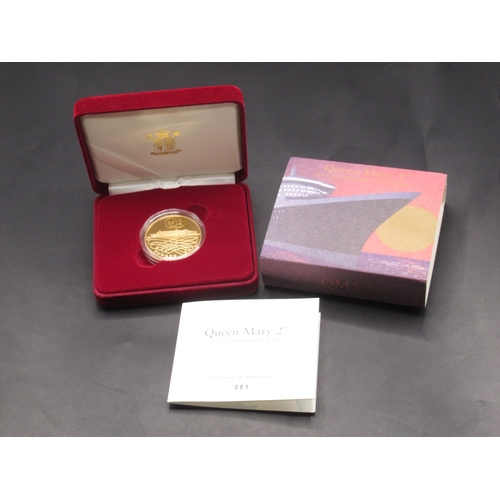 29A - Royal Mint - Queen Mary 2 Official Commemorative 22ct Gold Medal, No.081/100, encapsulated in origin... 