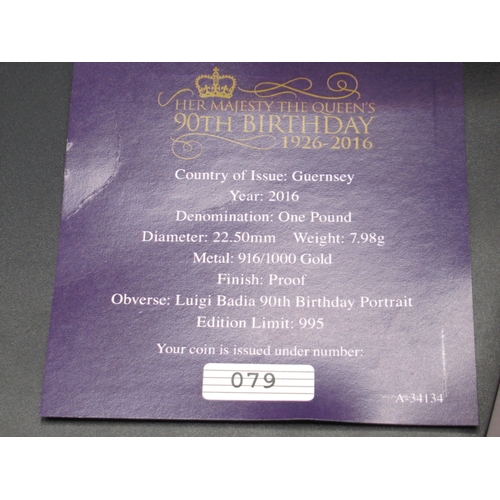 10 - CPM - Guernsey Queens 90th Birthday Gold £1, encapsulated in case with 2 COAs, Limited Edition No.07... 