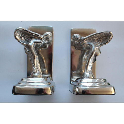 379 - Pair of Spirit of Ecstasy chrome book ends. Desk top Spirit of Ecstasy on wooden plinth.