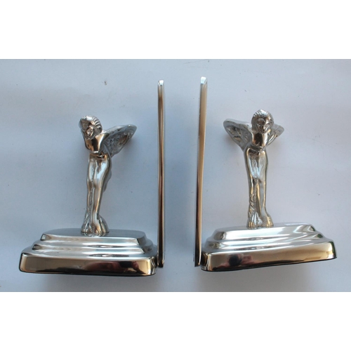 379 - Pair of Spirit of Ecstasy chrome book ends. Desk top Spirit of Ecstasy on wooden plinth.