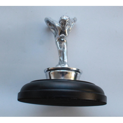 379 - Pair of Spirit of Ecstasy chrome book ends. Desk top Spirit of Ecstasy on wooden plinth.