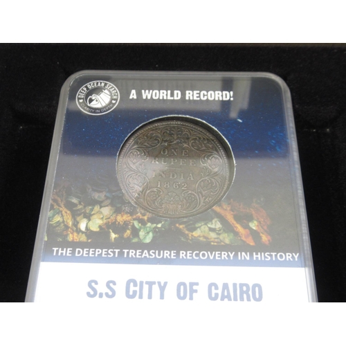 114 - The London Mint Office S.S. City of Cairo 3 encapsulated Silver Rupees (1862, 1903 & 1918) in indivi... 