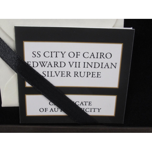 114 - The London Mint Office S.S. City of Cairo 3 encapsulated Silver Rupees (1862, 1903 & 1918) in indivi... 