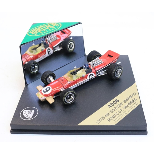 39 - Six small scale diecast model vehicles to include 1/43 scale Heritage Racing 4006 Lotus 49B 'Gold Le... 