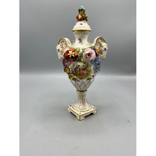 682A - Pair of Dresden style urns, with dual handles in the form of goat heads, encrusted flowers, painted ... 